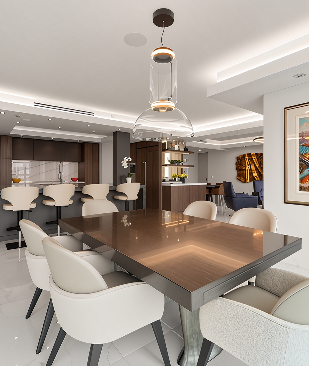 A large dining room table with white chairs.