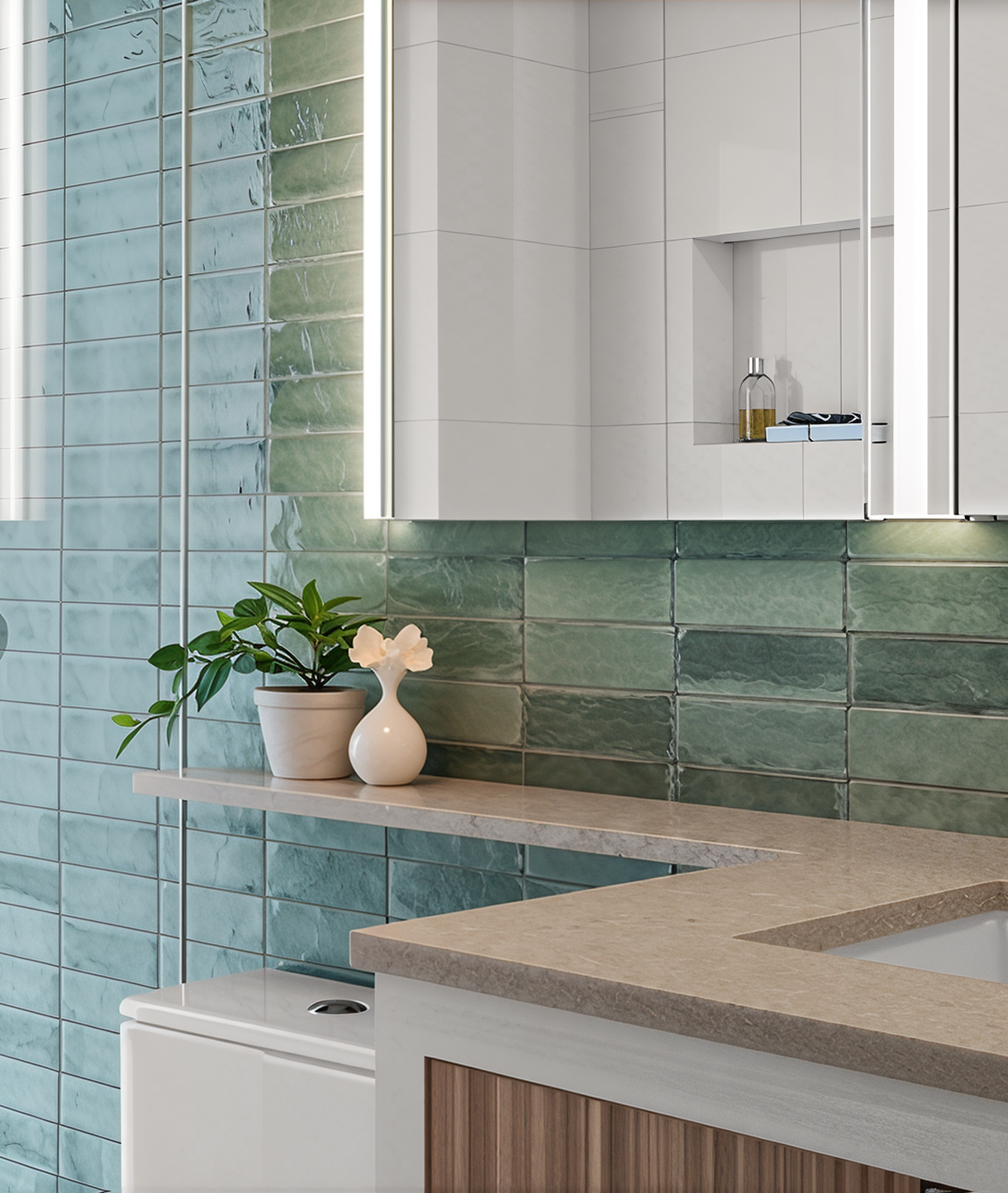 A bathroom with a sink, mirror and counter.