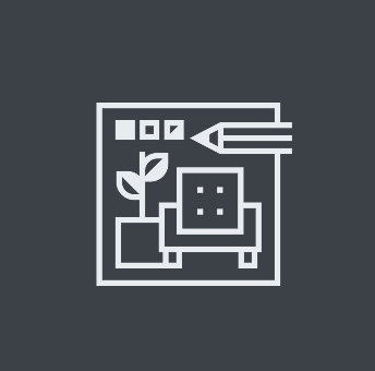 A white icon of furniture and plants on a black background.