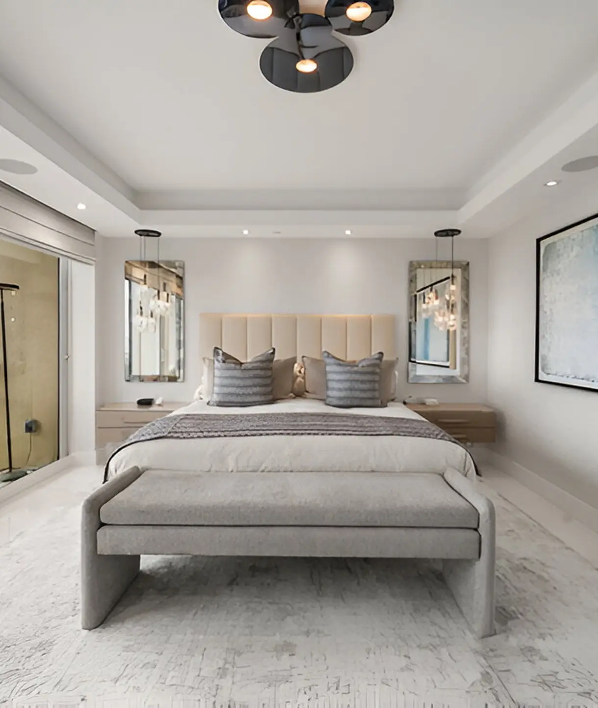 Modern bedroom with neutral color palette.