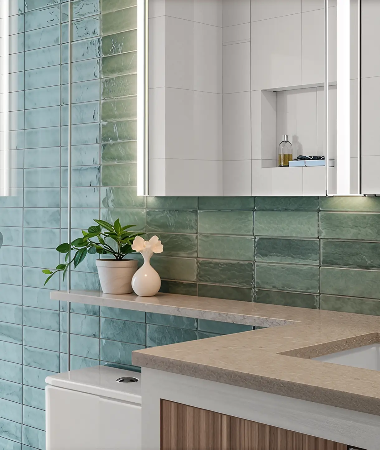 Modern bathroom with green tiled walls.