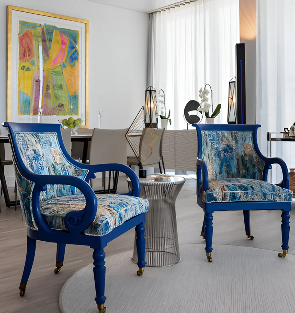 Blue chairs in a modern living room.